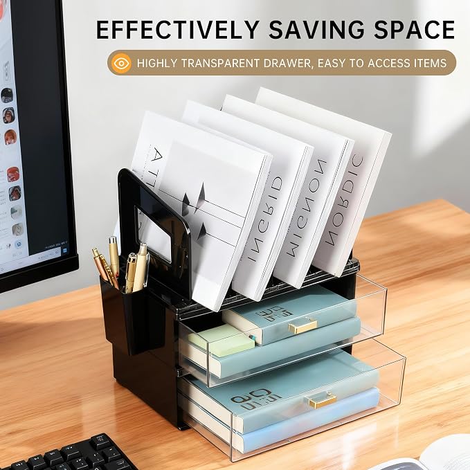 CiWiVOKi Desk Organizer with 4 File Holder Slots, 2 Clear Drawers & Dual Pen Holders, Sturdy Multi-Functional Desktop Storage for Home Office, Mail Sorter & Caddy, Black