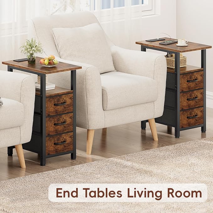 Vagusicc End Table with Charging Station, Narrow Side Table, Narrow Nightstand with 3 Fabric Drawers, Slim Sofa Side Table for Small Spaces, Small Night Stand for Bedroom, Rustic Brown