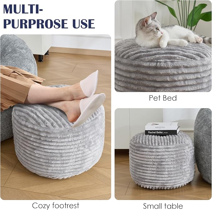 SHOUREN Stuffed Round Ottoman,Corduroy Pouf Ottoman Foot Rest with Foam Filling,Pouf Storage Ottoman Footstool for Living Room,20 X 15 Floor Poufs for Couch - 20 X 15 Inches,Light Grey
