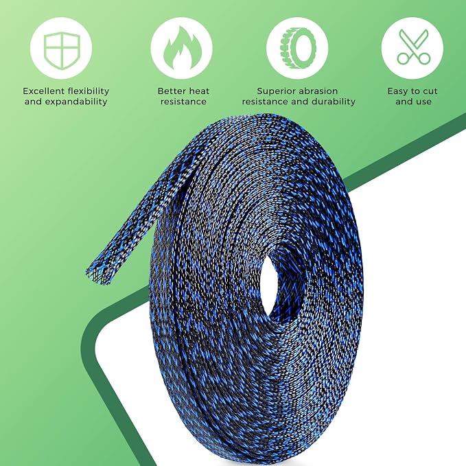 132 ft Expandable Braided Cable Sleeve Wire Loom PET Wire Sleeving，Wrap Management Mesh for Audio Video and Other Home Device Cable Automotive Wire - (1/2 Inch, 1/4 Inch, 3/8 Inch,3/4 Inch,Blue)