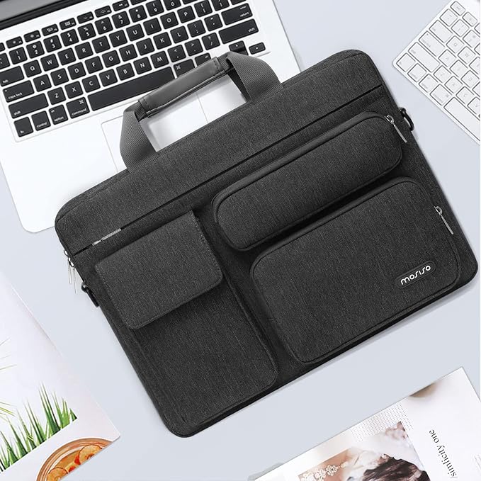 MOSISO Laptop Shoulder Bag 14 inch, 14 inch Computer Bag Compatible with HP Lenovo Dell ASUS Acer, HP Stream, Dell Latitude with 2 Raised&1 Flapover&1 Horizontal Pocket&Handle&Belt, Slate Gray