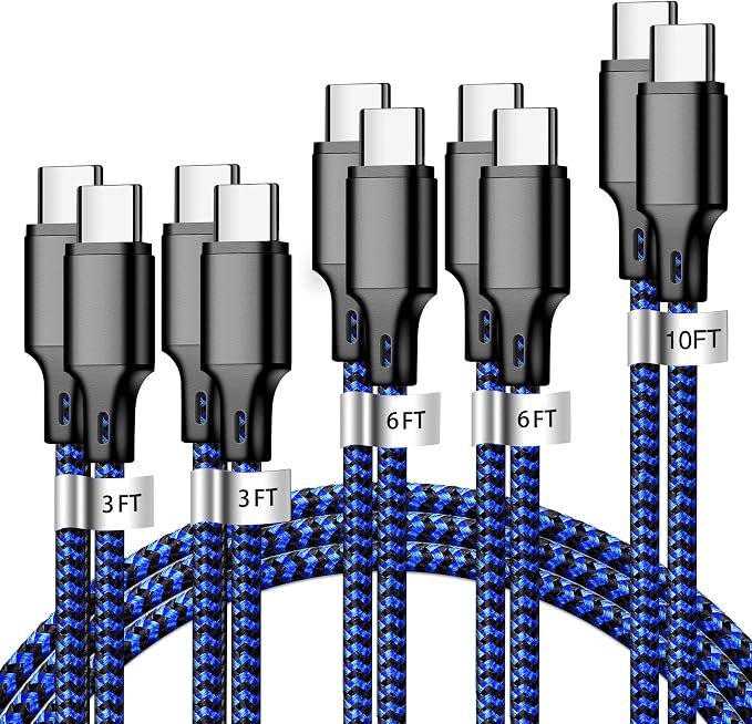 USB C to USB C Charger Cable, 5 Pack [3/3/6/6/10ft] Type C Fast Charging Cord High Data & Transfer Wire Compatible for iPhone 17/16/15 Plus/Pro Max iPad Ps5 Controller Samsung Galaxy(Black Blue)