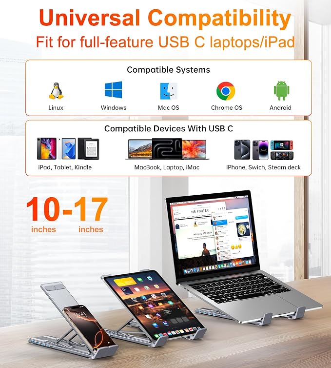 5-in-1 USB C Hub Adjustable Aluminum Laptop Stand, 4-Port USB A 3.0 with 5Gbps Data Transfer USB C Hub Docking Station [Charging Not Supported] for MacBookPro/Air/Dell/HP/Lenovo