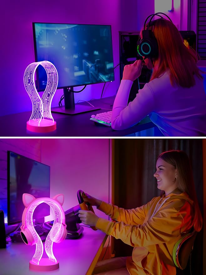 YuanDian Pink Headphone Stand, with 1 USB Charging Port and 1 Type-C Charging Ports, Desk Gaming Headset Holder, 16 Changing Colors with Remote, Gift for Gamers Girl and Music Lovers