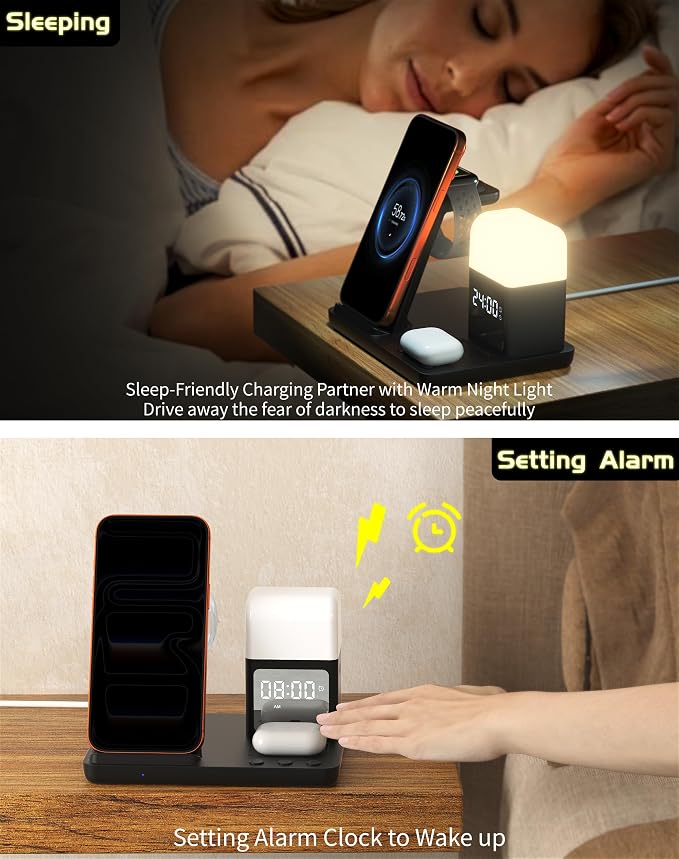 Wireless Charger for iPhone, 6in1 Fast Phone Charger Stand Dock Alarm Clock Night Light, Wireless Charging Station for Apple Watch, for Airpods 3/2/Pro, for iPhone 17/1615/14/13/12/11/Pro/Max (Black)