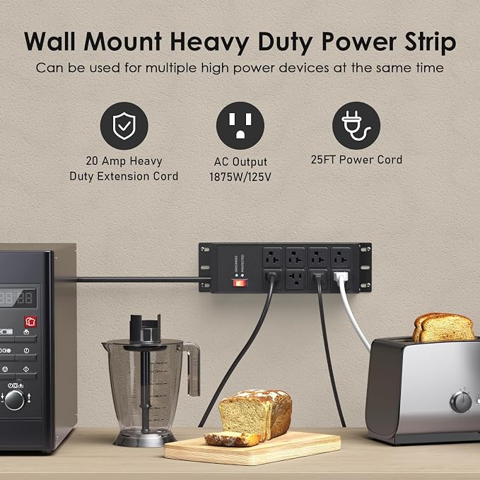 JUNNUJ Heavy Duty Surge Protector Power Strip 4800J, Garage Metal 8 Outlets 20 Amp 12 Gauge, High Amp 5-15P Adapter Shop 6-20R T-Slot Industrial Outlet, 25 FT Extension Cord Commercial for Appliance