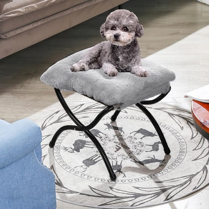 15" Foldable Foot Stool Ottoman with Metal Frame - Washable Faux Fur Grey Upholstered Indoor/Outdoor Footrest for Living Room, Bedroom, Patio - Space-Saving Compact Design