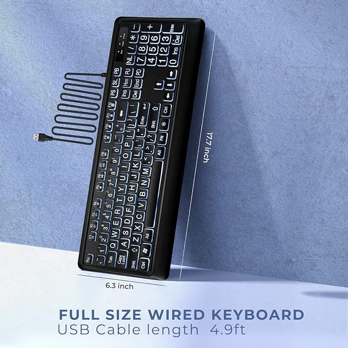 KOPJIPPOM Large Print Backlit Keyboard, USB Wired Computer Keyboard, Full Size Keyboard with White Illuminated LED Compatible for Windows Desktop, Laptop, PC, Gaming, Black