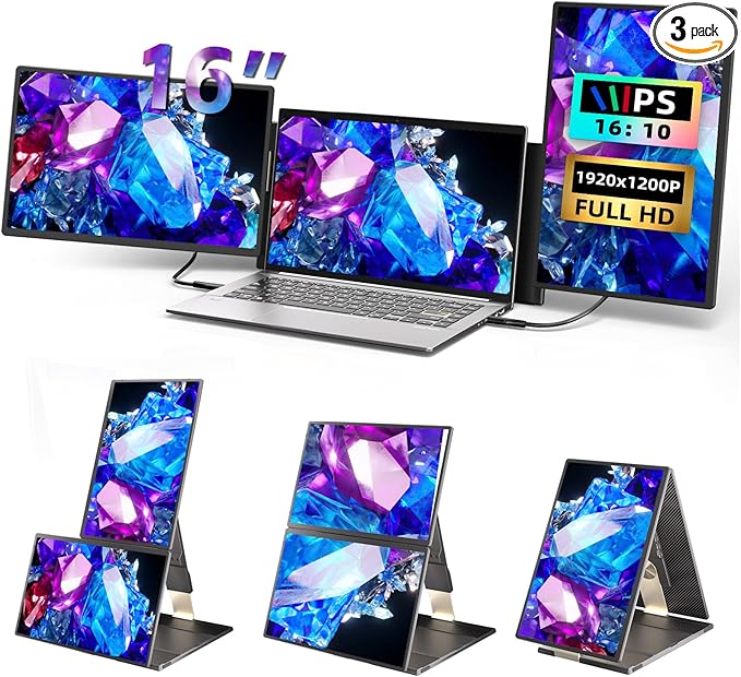 Laptop Screen Extender 16 inch - Triple Laptop Monitor Extender Detachable FHD 1920x1200P IPS 235° Rotation Extra Portable Monitor Compatible with 13”-17” Mac Wins Dex Chrome