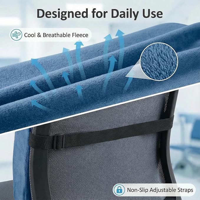 Poshetion Lumbar Support Pillow for Office Chair & Car – Memory Foam Back Cushion with Adjustable Straps & Breathable Mesh Cover（Blue）