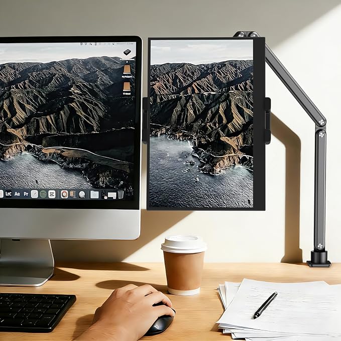 Urmust Portable Monitor Stand 15.6", iPad Stand for Desk, Portable Monitor Holder up to 18.5" Holds, Adjustable Desktop Tablet Arm Mount, Apple iPad Holder for Desk, for 4.9"-12.9" i Pad Pro/Air/Mini