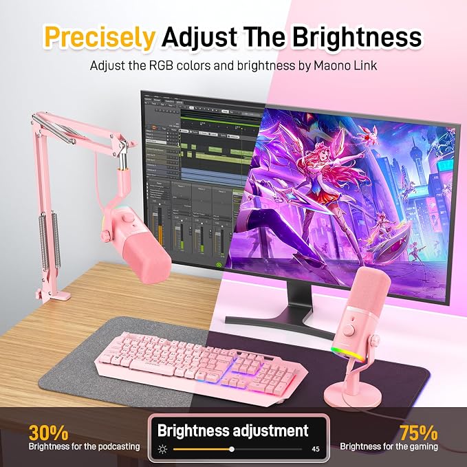 MAONO USB/XLR Podcasting Microphone for PC, Gaming Streaming Dynamic Mic with Mute Button, RGB, Desktop Stand,Computer Mic for Video Studio Recording-PD100X,Pink