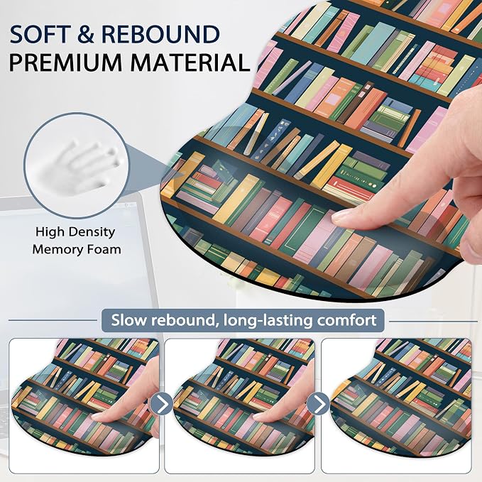 Bookshelf Ergonomic Keyboard and Mouse Wrist Rest Set, Library Book Mouse Pad with Non Slip Base, Soft Cloth Surface for Office and Home Typing Support