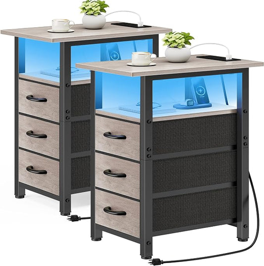 Vagusicc Set of 2 Nightstand with Charging Station and LED Lights, Narrow End Table, LED Night Stand with 3 Fabric Drawers for Bedroom, Small Bedside Table, Narrow Side Table for Small Spaces, Greige