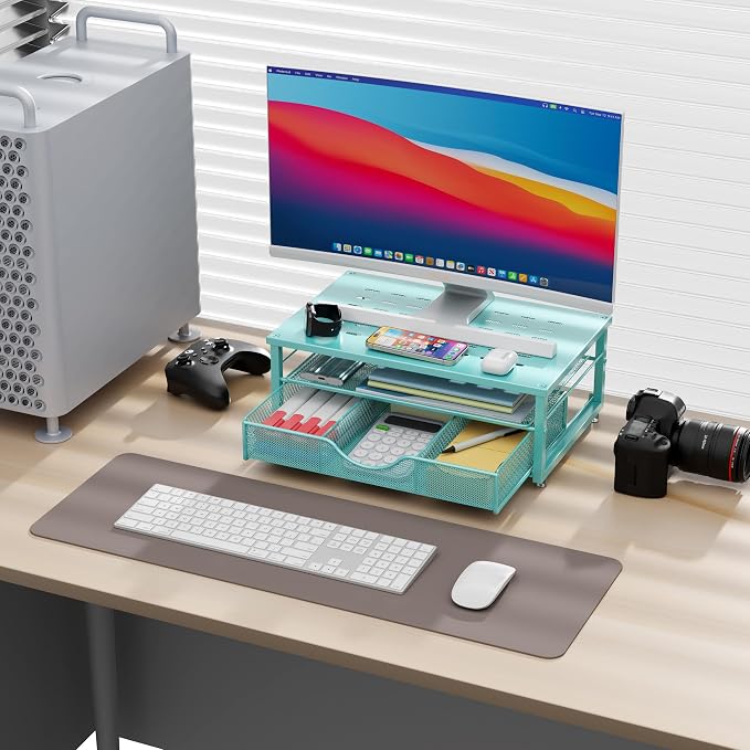 gianotter Computer Monitor Stand Riser, office organizer with Drawer, Office Organizers Storage for Classroom Office Supplies (Blue)
