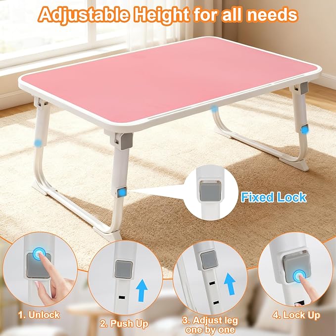 Laptop Desk for Bed, Adjustable Height Laptop Bed Table, Foldable Lap Desk with USB Charge Port, Desktop Card Slot, Side Drawer, Book Shelf, Portable Lap Tray for Eating Reading Working Sofa & Floor