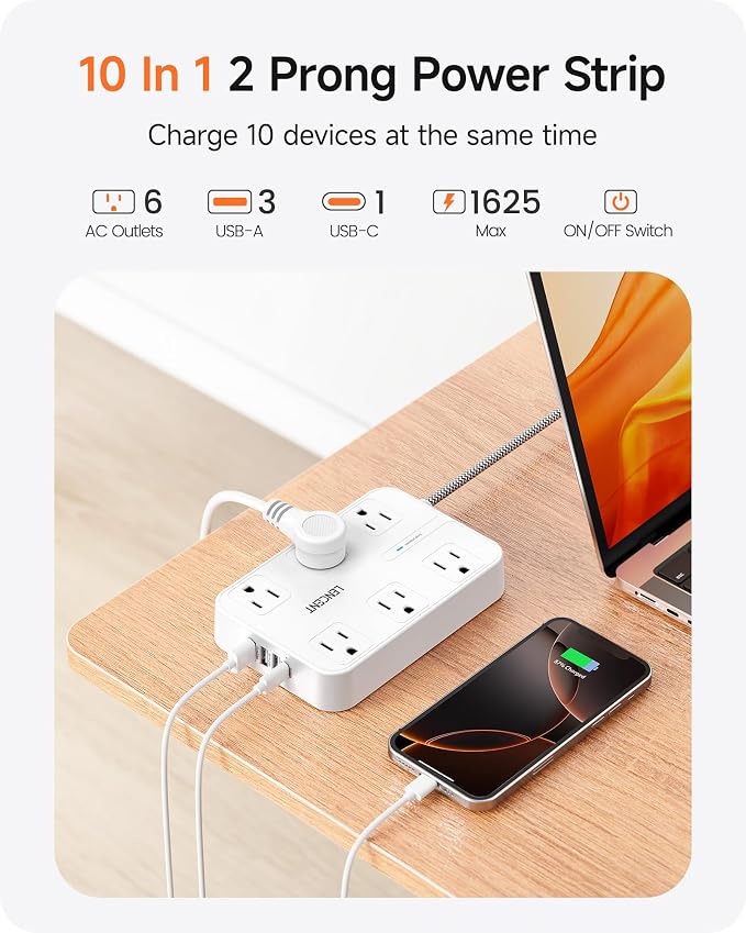 LENCENT 2 Prong Power Strip, 3 to 2 Prong Outlet Adapter, Surge Protector with 10ft Braided Extension Cord with Thin Flat Polarized Plug, 6 AC & 4 USB (1 Type-C), Wall Mount for Non-Grounded Outlet