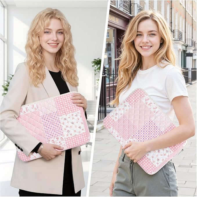 13-14 inch Cotton Quilted Laptop Sleeve for Women, Aesthetic Puffy Laptop Case Carrying Bag Compatible with MacBook Air/Pro 13/Pro 14, Soft Computer Liner Bag (Pink Patchwork, 13.3 inch)