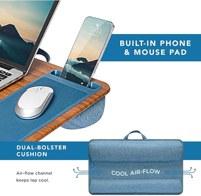 LAPGEAR Home Office Lap Desk with Device Ledge, Mouse Pad, and Phone Holder - Espresso Blue - Fits up to 15.6 Inch Laptops - Style No. 91522