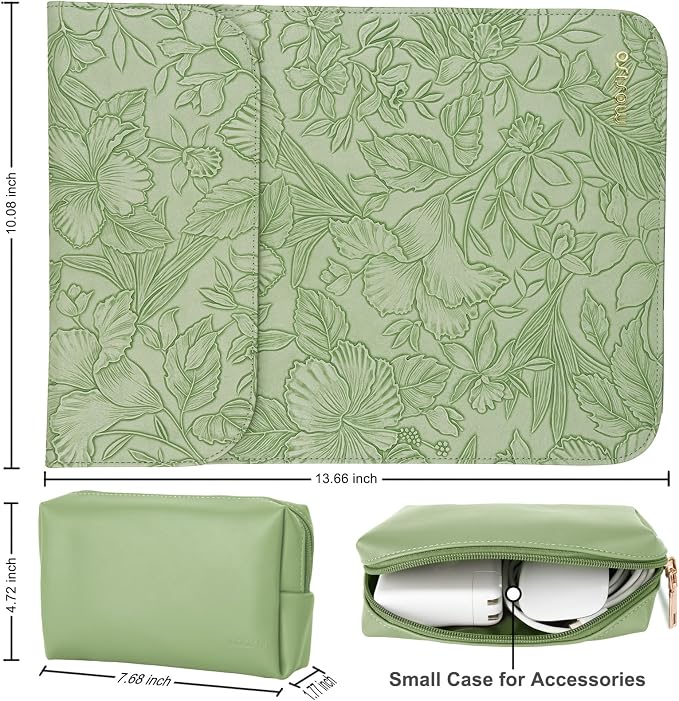 MOSISO Laptop Case 13 inch, 13 inch Laptop Sleeve Compatible with MacBook Air M4 M3 M2 M1 2025-2018 / Pro M2 M1 2025-2016, Embossed Retro Hibiscus PU Leather Case with Small Bag, Sage Green