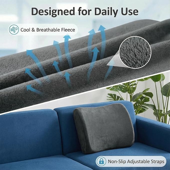 Poshetion Lumbar Support Pillow for Office Chair & Car – Memory Foam Back Cushion with Adjustable Straps & Breathable Mesh Cover（Deep Grey）