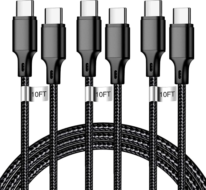 USB C to USB C Charger Cable, 3Pack 10FT Type C Fast Charging Cord Compatible for iPhone 15/16/17/Pro/Max/Plus, iPad Pro Air Ps5 Controller Samsung Galaxy - Black