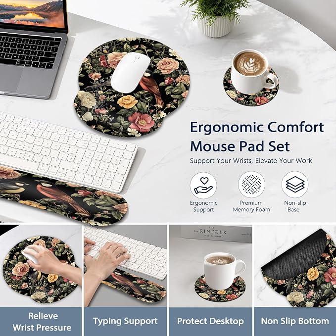 Vintage Rose Peony Floral Keyboard Wrist Rest Pad Ergonomic Mouse Pad Set,Bird 3 in 1 Memory Foam Mouse Pad with Non Slip Base for Office and Home