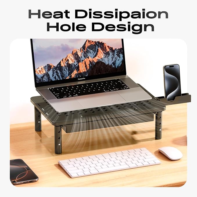 Computer Monitor Stand Riser with Storage, 3 Height Adjustable Laptop Desktop Monitor Stand with Drawer, Metal Short Printer Table, Stand Riser for Desk, Office Desk Organizers and Accessories, 2 Pack