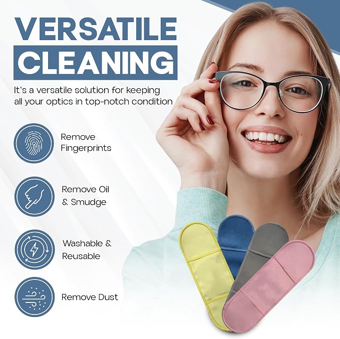Finger Grip Eyeglass Cleaner (4 Pack) – Premium Microfiber Glasses Cleaning Cloth for Eyeglasses, Sunglasses, Phone Screens & Camera Lens (Pink/Yellow)