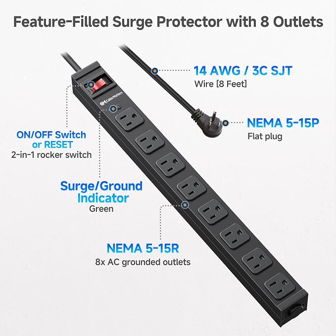 [ETL Certified] Cable Matters Wall-Mountable 8 Outlet Power Strip - 8ft Cord, Metal, 2100J Surge Protector with 15A Circuit Breaker, Industrial Power Strip Surge Protector for Garage, Workshop, Black