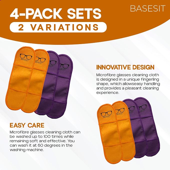 Finger Grip Eyeglass Cleaner (4 Pack) – Premium Microfiber Glasses Cleaning Cloth for Eyeglasses, Sunglasses, Phone Screen & Camera Lens (Orange/Purple)