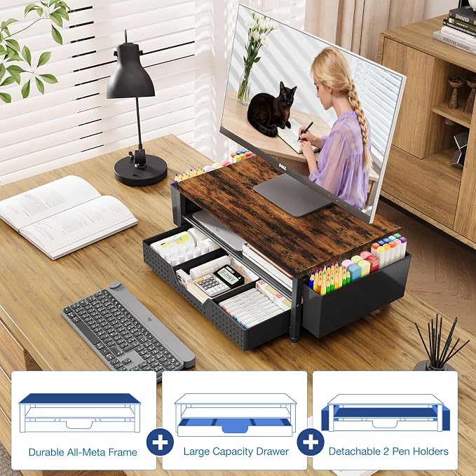 OPNICE Wood Desk Organizers and Accessories, 2-Tier Computer Monitor Stand Riser with Drawer and 2 Pen Holders, Laptop Stand, Office Desk Accessories for Office Supplies, Brown