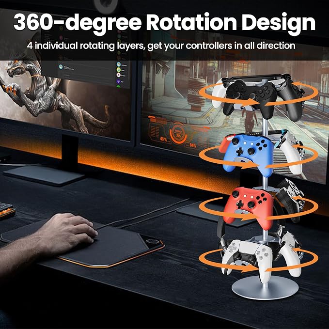 4 Tier Aluminum Alloy Game Controller Stand, Rotatable Gaming Controller Headset Holder Compatible with PS5 Xbox Nintendo Switch PS4, Controller Headphone Stand Organizer Rack for Desk, Grey