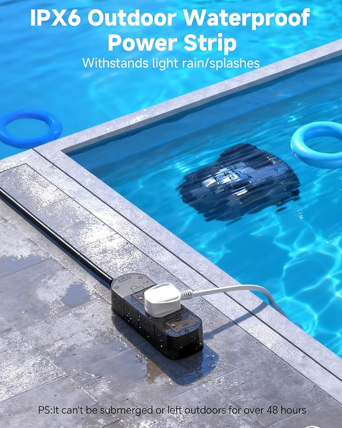 Outdoor Power Strip, 3 AC Outlets, 25 FT, 1625W/13A High-Power Single-Device Use, with Anti-Electric Shock & IPX6 Waterproof, Ideal for Backyard, Patio, Garage, Kitchen, Workshop, Camping, RV