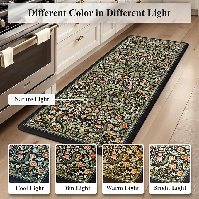 Collive Kitchen Mats for Floor, Cushioned Anti Fatigue Mat Black Floral Rugs Non Skid Waterproof Sink Rug, Memory Foam Comfort Standing Mat for Office, Laundry, Desk, 24''x71''