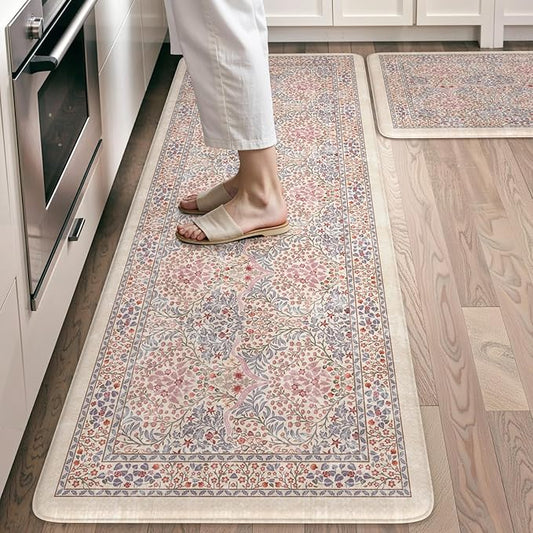Collive Anti Fatigue Mats for Kitchen Floor, Cushioned Comfort Kitchen Rugs Sets of 2 Waterproof Non Skid Padded Sink Rugs, Pink/Blue Floral Rug Standing Mat for Laundry, Home Office Decor