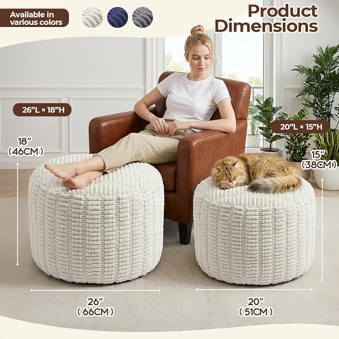 Large Round Pouf Ottoman Stuffed Corduroy Poufs Foot Rest with Foam Filling Fluffy Pouf Storage Ottoman Relax Stool for Living Room Couch 26 X 18 Inches, Cream