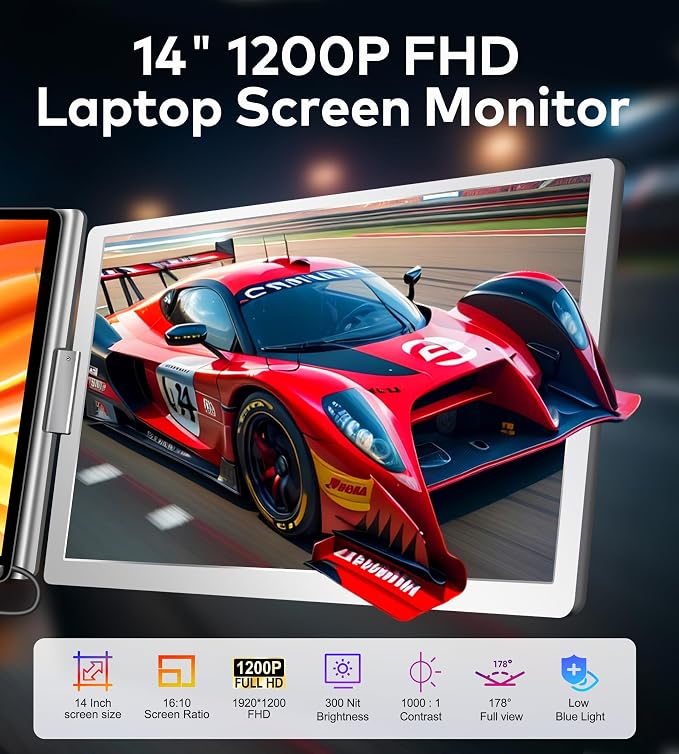 14" Laptop Screen Extender, FHD 1200P IPS Monitor Extender, Just 1 Cable for 3 Screens Quad Monitor, Triple Extender for 12"-17.3" Laptops, Compatible with Windows 10/11 and Mac M1/M2/M3