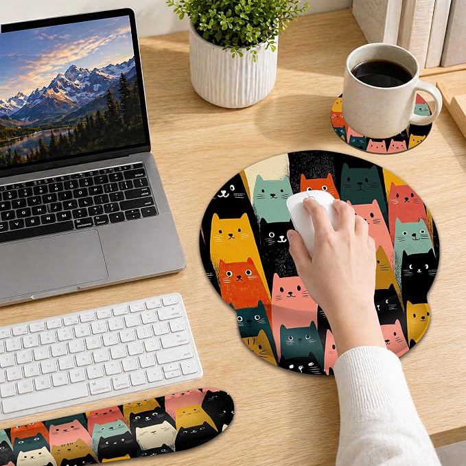 Cute Cat Wrist Rest Mouse Pad and Keyboard Support Set,3 in 1 Ergonomic Memory Foam Mousepad with Non Slip Base, Gaming Mouse Pad for Office and Home