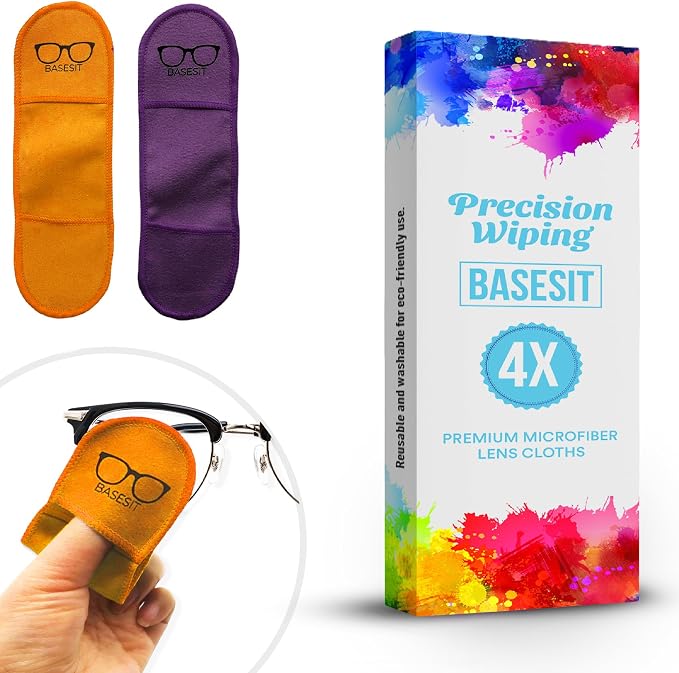 Finger Grip Eyeglass Cleaner (4 Pack) – Premium Microfiber Glasses Cleaning Cloth for Eyeglasses, Sunglasses, Phone Screen & Camera Lens (Orange/Purple)