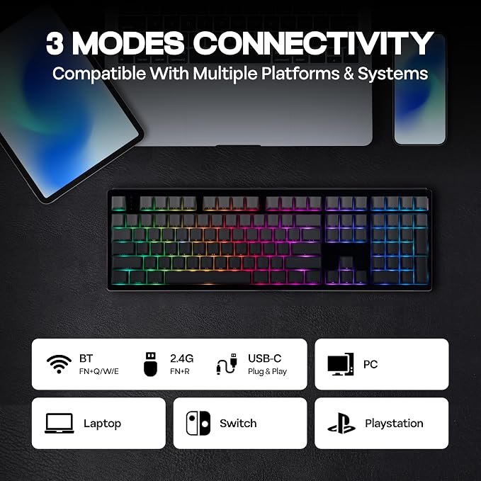 MechLands EPOMAKER TH108 Full Size Mechanical Keyboard, Wireless Gaming Keyboard, 8000mAh Battery, Creamy Gasket, 108 Keys, Hot Swap, Custom Driver, RGB Backlights (Black, Creamy Jade Switch)