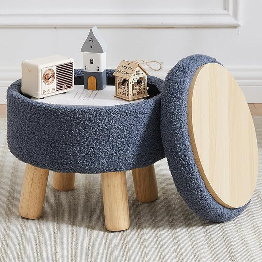 Small Foot Stool Ottoman with Storage, Sherpa Ottoman Foot Rest for Couch, Round Footstool with Storage, Small Ottomans and Footstools for Living Room and Entryway (Navy Blue)
