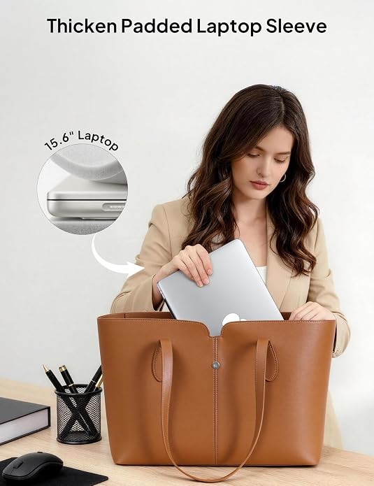 TOPEAST Laptop Tote Bag for Women with Removable Laptop Sleeve Lightweight 15.6" Work Shoulder Bag Leather Computer Handbag