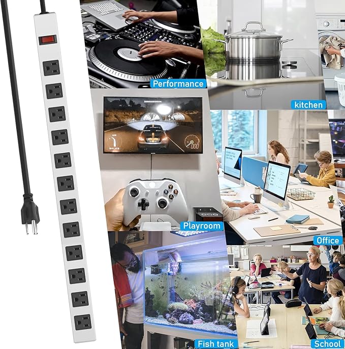 JUNNUJ Metal 12 Outlet Power Strip, Mountable Heavy Duty Power Strip, 1200J Surge Protector Wall Mount Screws Outlet with Switch, Gaming Desk Strips Wide Spaced 15A 125V 1875W, 3 FT 14AWG Power Cord