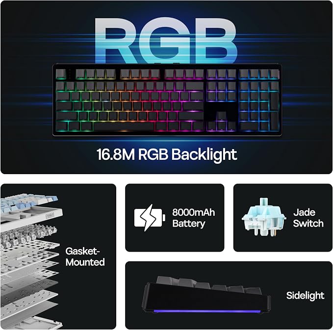 MechLands EPOMAKER TH108 Full Size Mechanical Keyboard, Wireless Gaming Keyboard, 8000mAh Battery, Creamy Gasket, 108 Keys, Hot Swap, Custom Driver, RGB Backlights (Black, Creamy Jade Switch)