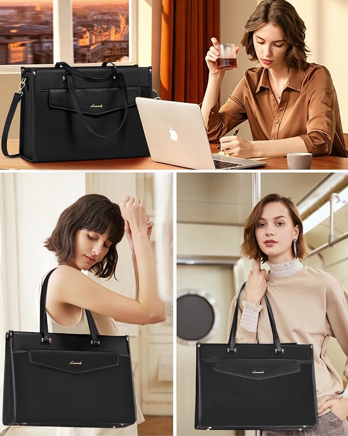 LOVEVOOK Laptop Bag for Women, 17.3'' Laptop Tote Purse 2-in-1 Professional Work Bag Business Briefcase with Clutch Purse, Waterproof Leather Computer Handbag for Teacher Office Travel