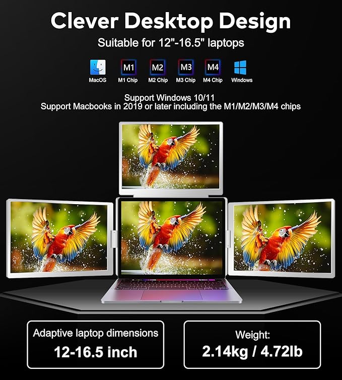14" Laptop Screen Extender, FHD 1200P IPS Monitor Extender, Just 1 Cable for 3 Screens Quad Monitor, Triple Extender for 12"-17.3" Laptops, Compatible with Windows 10/11 and Mac M1/M2/M3