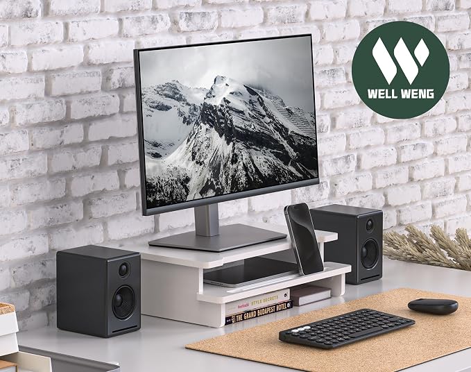 Computer Monitor Stand Riser, 16.5 Inch Wood Desk Shelf Storage Organizer with Phone Tablet Holder, White