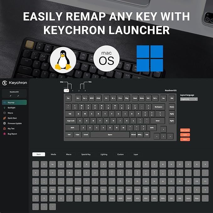 Keychron KJ1 Low Profile Wireless Mechanical Keyboard, 2.4 GHz Bluetooth QMK 75% Layout RGB, Hot-swappable Brown Switch Compatible with Mac Windows Linux, 2000mAh Fast Charge for Gaming - Black
