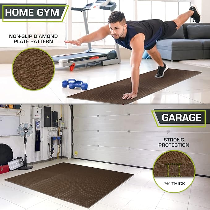 ProsourceFit Exercise Puzzle Mat ½-inch, EVA Interlocking Foam Floor Tiles for Home Gym, Workout Equipment, Kids Play Areas, Brown, 24 Sq Ft - 6 Tiles